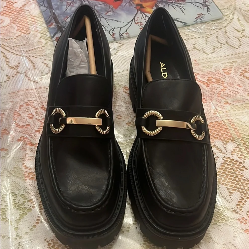 ALDO Black Leather Slip-On Loafers with Gold Bit Detail